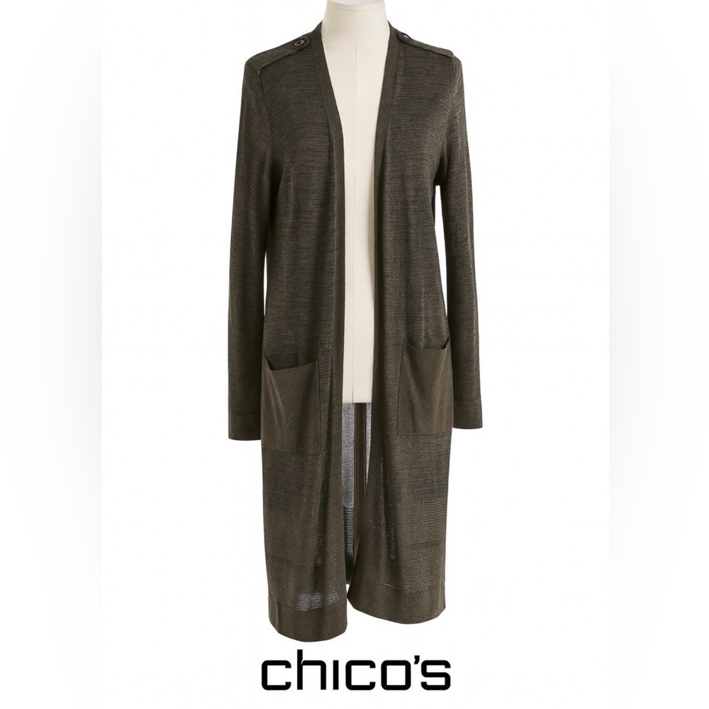 Chico's Army Green Metallic Duster Cardigan Size 2 Large Gallery Girl Lagenlook